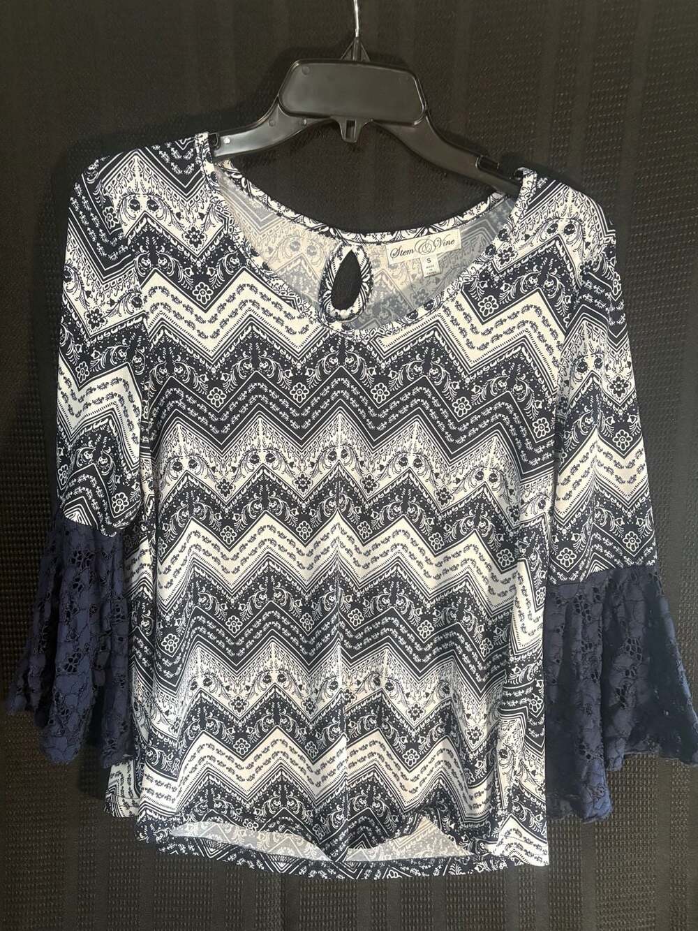 Stem & Vine Navy and Cream Chevron Pattern Blouse with Lace Bell Sleeves
